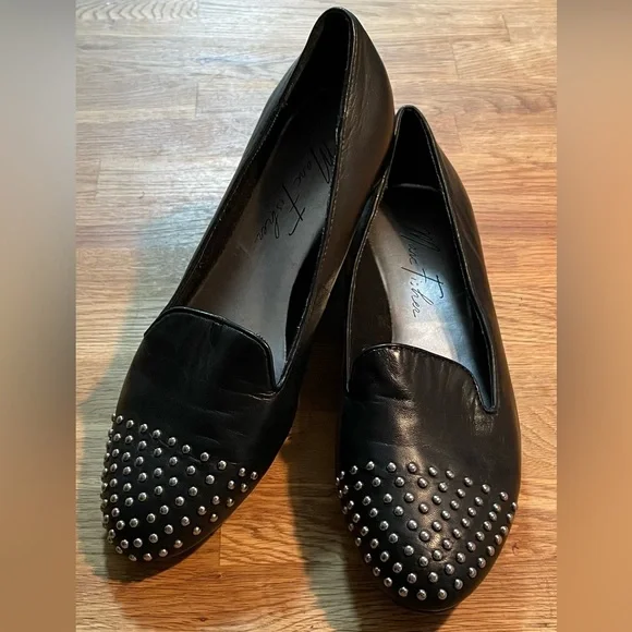 MARC FISCHER Black Leather, Silver Stud Flats (7M) - Picture 1 of 5